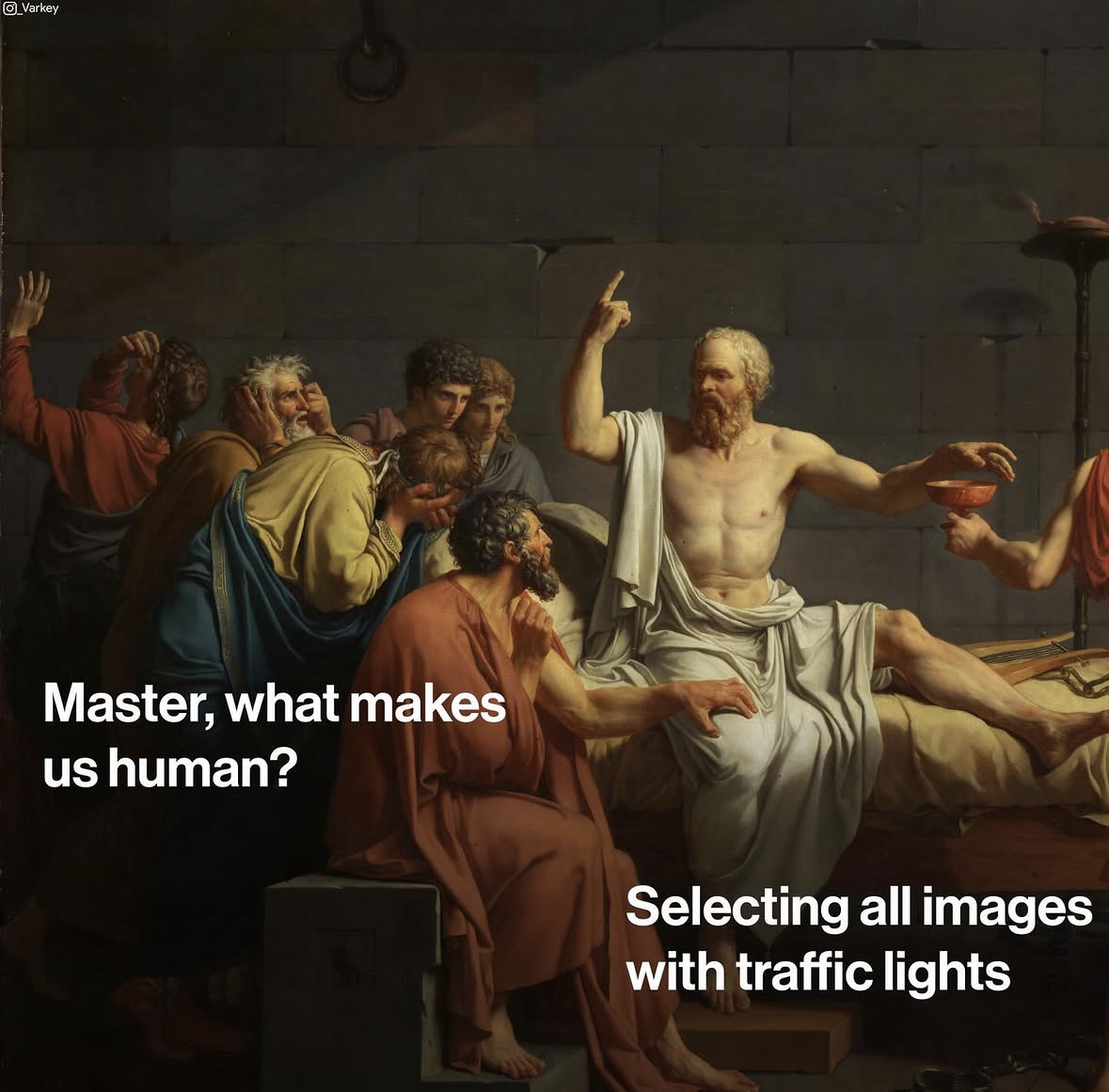 Classical art in Modern Times by @_Varkey on Instagram. The difference between AI and humans is that we can select all the images with traffic lights. Used by recreative + co in a blog about AI content from large language models.